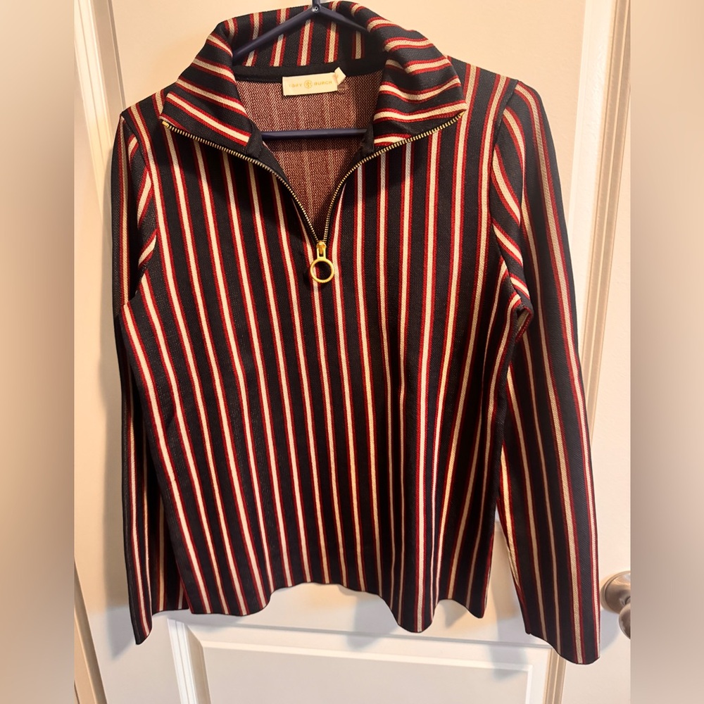 Tory Burch 1/4 Zip Striped Pullover.  Size Small.